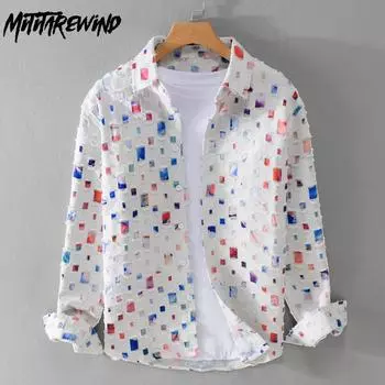 Молодежная популярная рубашка с длинным рукавом в клетку с цветными дырками для мальчиков, уличная свободная мужская рубашка, рубашки из чистого хлопка на весну/осень, повседневная верхняя рубашка M