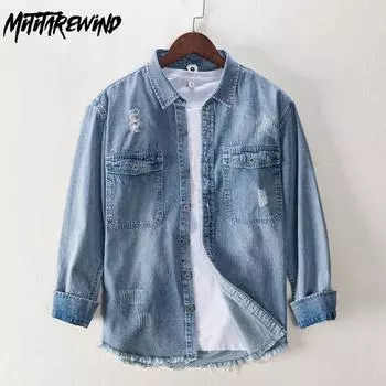 Молодежная уличная одежда в японском ретро-стиле с длинным рукавом, рваная джинсовая рубашка для мужчин, повседневная мужская одежда на весну/осень, свободная рубашка с двойными карманами M чёрный