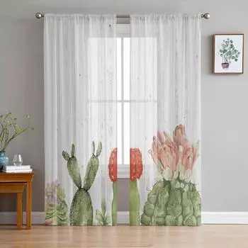 Молодежные прозрачные шторы для спальни с тропическим цветком кактуса, кухонные шторы для учебы, гостиной, праздничного декора, тюлевые шторы 135W x 114H(cm)