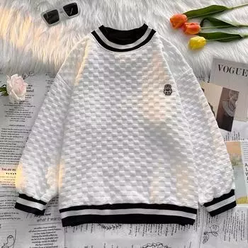 Молодежный стиль ретро простой цветной блок вафельный круглый вырез толстовка мужская модная свободная пара повседневный универсальный топ M