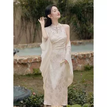 Молодое и красивое модное платье Cheongsam без рукавов и шали в китайском стиле из двух частей 2XL слоновая кость
