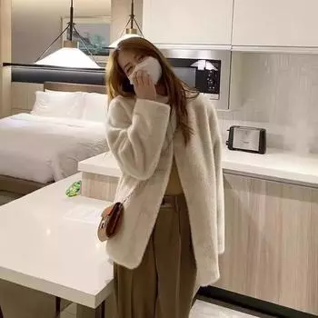 Молодой экологически чистый мех модный шикарный высококачественный смысл мех интегрированная норковая шуба средней длины ленивый ветер женский осень и зима S (within 52.5 kg)