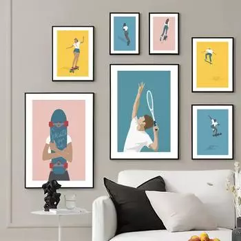 Молодой скейтбордист, теннис, соревновательные виды спорта, настенное искусство, холст, живопись, скандинавские постеры и настенные картины для декора гостиной 21x30cm No Framed