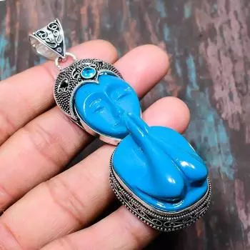 Молящаяся леди, драгоценный камень с синим топазом, твердый серебряный кулон ручной работы 925 пробы 3.35 Inches синий