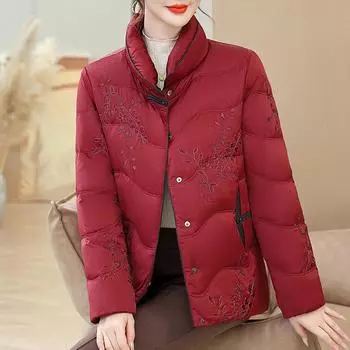 Пуховик Mom женский высокого класса модный иностранный стиль маленький 2024 зима новый воротник стойка вышитый утолщенный короткий пальто L синий