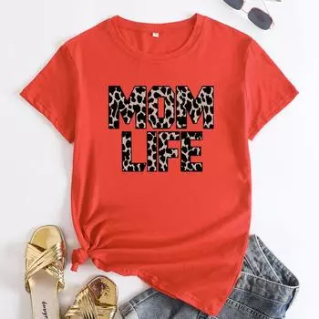 MOM LIFE Печатные женские хлопковые свободные футболки с круглым вырезом и короткими рукавами больших размеров для женщин S чёрный