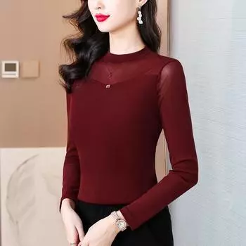 Mom Mesh Long-sleeved T-shirt Autumn Clothes New Fashionable Age-reducing Base Shirt Middle-aged and Elderly Tops M