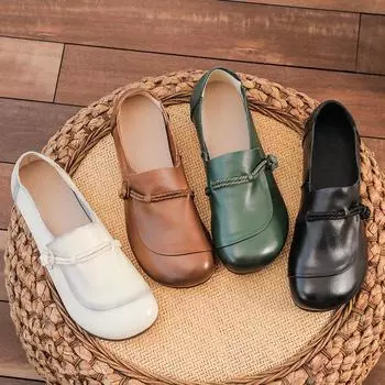 Mom Retro Натуральная кожа Плоские Туфли Для Женщин Весна Осень Моакки Со Шнурком Женские Лоферы Женские Туфли С Круглым Носком Для Женщин CN 35