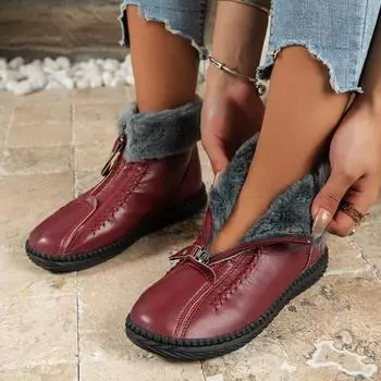 Mom s Cotton Shoes 2024 Winter New Fashion Waterproof Snow Boots Female Plush Warm Front Zipper Soft Sole Flat Women Ankle Boots 35 чёрный