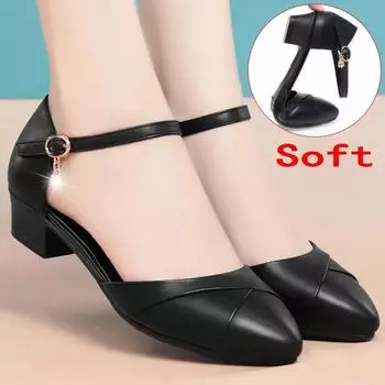 Mom s Shoes Soft Leather Square Heels Women Pumps Buckle Strap Baotou Cover Heel Sandal Soft Sole Hollow Shallow Office Shoe 35 бежевый