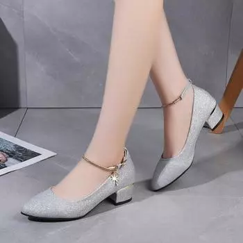 Mom shoes thick heel medium heel shallow mouth women s single shoes spring new women s one-word buckle fashionable metal decorative women s shoes 41 35