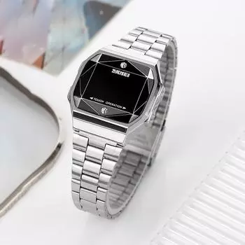 Moment Beauty Creative Rhombus Couple Electronic Watch 1797 Touch Steel Belt Ультратонкие водонепроницаемые мужские и женские часы серебряный