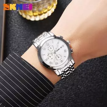 Часы Moment Beauty для мужчин, премиум-класса, Sense, стальной ремешок, пряжка-бабочка, три глаза, хронограф, календарь, мужские часы Shenzhen серебряный