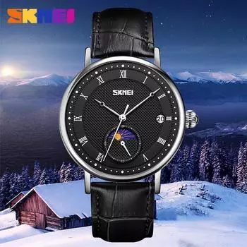 Moment Beauty Мужские часы Многофункциональные водонепроницаемые кварцевые часы Часы с фазами Луны Кожаный ремешок Кварцевые часы