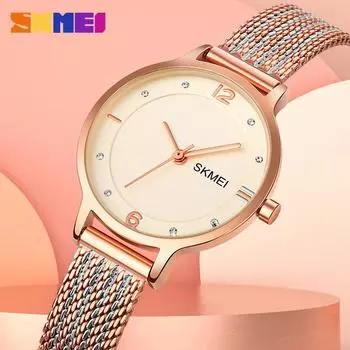 Moment beauty skmei простые изысканные женские часы, сетчатый ремень из нержавеющей стали, студенческие модные кварцевые часы серебряный