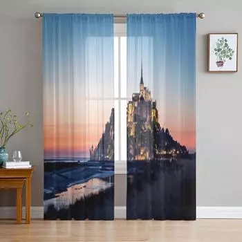 Мон Сен-Мишель, Франция, прозрачные занавески для гостиной, спальни, вуаль, занавески для окон, занавески из органзы, вечерние тюлевые шторы 135W x 114H(cm)