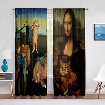 Тюлевая занавеска с изображением Моны Лизы и забавных котят для спальни, оконная занавеска, роскошный декор для кафе, отеля, прозрачная драпировка для гостиной 1 PCS W100XH250cm&Rod Pocket