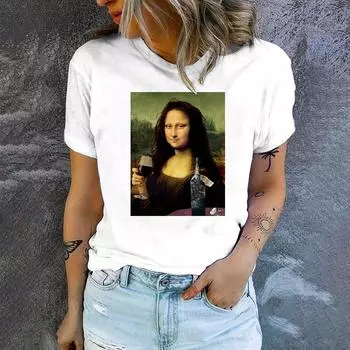 Мона Лиза с бокалом красного вина Забавные принтованные футболки Летняя одежда Женская футболка с коротким рукавом больших размеров Удобные топы 5XL S