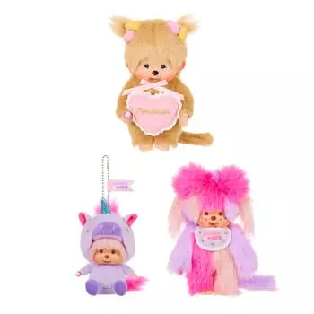 Monchhichi Shinako S Cotton Candy SS Big Face Keychain Unicorn Love Happy Angel S Girl Set 3 Pieces