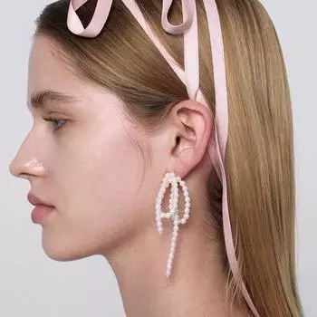 MondayEdition Elegant Bow Pearl Stud Earrings Full Body Sterling Silver Braided Earrings