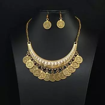Монета Женское Богемное Подвеска Украшение Ожерелье Golden Retro Roman coin (necklace + earrings)