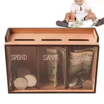 Money Bank 3 Compartments Wooden Coin Bank with Removable Lid Money Storage Organizer Reusable Money Box Wood Piggy Bank CHINA