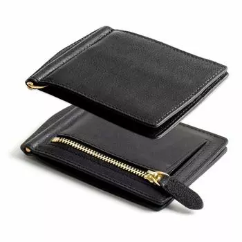 Money Clip Coin Purse Genuine Leather Italian Leather Thin Bifold Wallet Billfold Bill Clips Card Case Black [Dom Teporna] Men s