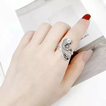 Money Drawing and Luck Changing Open Koi Ring S925 Sterling Silver Ornament Gift for Girlfriend Wife Stylish Retro Forefinger Ring Transfer like a duck to water ring + peace talisar