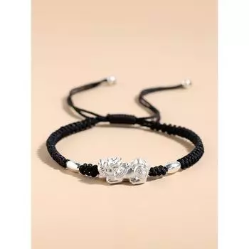 Money Drawing Pi Xiu Sterling Silver Bracelet Boys Couple 999 Silver Carrying Strap Pure Silver Fancy Female Men s Bracelet Red rope boys size [rope longer]]