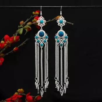 Монгольские длинные серьги с бахромой женские ретро бирюзовые серебряные серьги тибетские экзотические сценические серьги