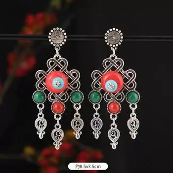 Mongolian minority stud earrings retro women s long tassel Tibetan silver earrings Tibetan exotic Chinese earrings