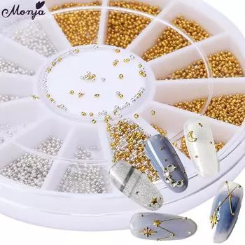 Monja 0,7 мм украшения для ногтей бусины цвета: золото, серебро, круглый шарик, металлический мини-бусина с икрой, жемчуг, 3D, очаровательный маникюр, дизайн, ювелирные аксессуары, колесо