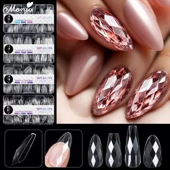 Monja 120/140 шт. 3D накладные ногти в форме ромба, прозрачные, с полным покрытием, миндальные, пресс-накладные ногти, мягкие гелевые насадки для наращивания ногтей, инструменты для маникюра своими руками