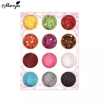 Monja 12 цветов 3D блестки для ногтей шестиугольные красочные блестки голографические смешанные хлопья пудра декоративные DIY маникюрные украшения блестящая пудра аксессуары