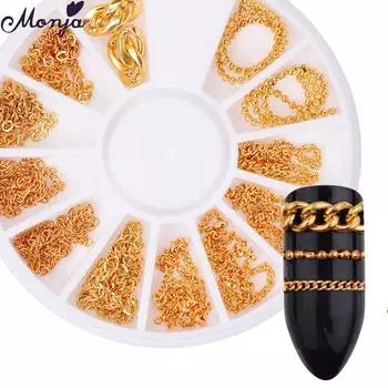 Monja 12 Grid Box, украшения для ногтей, стразы, золотой цвет, металлические цепочки, заклепки, шпильки, 3D ювелирные изделия, маникюр, дизайн, салон, аксессуары для самостоятельного изготовления