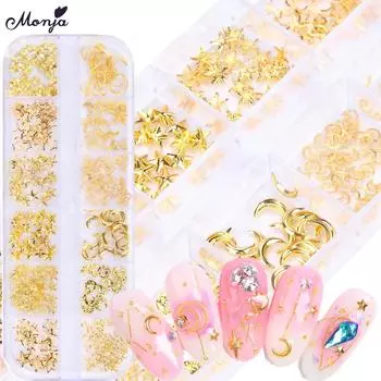 Monja 12 Сетка для украшения ногтей 3D Луна Звезда Золотой Металл Золотой Металл DIY Полый Шарм Маникюр Дизайн Аксессуары