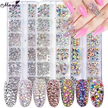 Monja 12 сеток/коробка, стразы для дизайна ногтей, украшения AB, плоские 3D очаровательные красочные разноцветные формы, ювелирные изделия с кристаллами, аксессуары для маникюра «сделай сам»