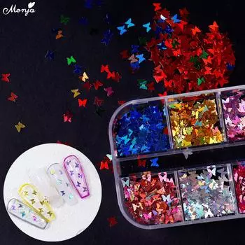 Monja 12 сеток/набор блестящих блесток для дизайна ногтей, блестящие 3D хлопья-бабочки, кончики, украшение для маникюра
