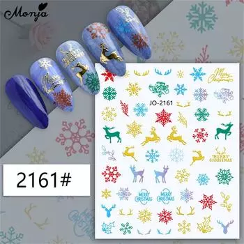 Monja 12 стилей, рождественские наклейки для дизайна ногтей, самоклеящиеся наклейки, снежинки, деревья, Санта-Клаус, олень, зимние украшения для маникюра своими руками
