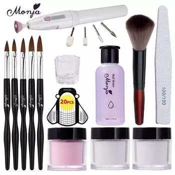 Monja, 14 шт./компл., набор для дизайна ногтей, прозрачная розовая, белая акриловая пудра, жидкая наращивание ногтей, инструменты для наращивания ногтей, маникюр, электрическая дрель