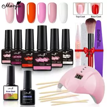 Monja 14Pcs/Set Nail Sets Kits 8 Bottles UV Gel Polish Base Top Coat Dryer Led Lamp Brush Painting Drawing Nail Art Manicure Design Tools