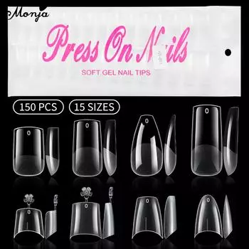Monja 150pcs Long Short Coffin Nail Tips Half Matte False Full Cover French Soft Gel Shaped Acrylic Artificial Press On Nails Clear