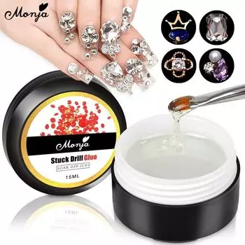 Monja 15 мл УФ-гель для ногтей, клей, дрель, ювелирные изделия со стразами, 3D украшения, прочная клейкая наклейка, отмачиваемый дизайн для маникюра, инструменты для нанесения