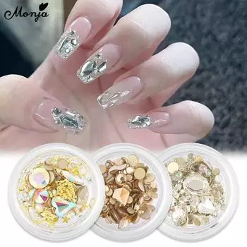 Monja 1 шт. коробка, стразы для дизайна ногтей, 3D нерегулярные ювелирные изделия со стразами, бриллианты, смешанная форма, металлические полые заклепки, украшения для маникюра, аксессуары