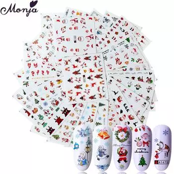Monja 24 шт. Рождественская серия ногтей переводная наклейка Снежинка Рождественский Лось Снеговик водяной знак кончики ногтей маникюр украшения