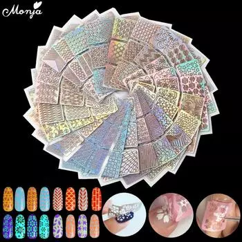 Monja 24 шт. винил для дизайна ногтей полые лазерные наклейки из фольги для переноса трафарет гель-лак изображение DIY руководство шаблон штамп наклейка маникюр украшения аксессуары