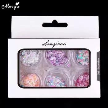 Monja, 2 упаковки, блестящие украшения для ногтей, порошок, самоклеящиеся блестки, хлопья в форме сердца, звезды, смешанный УФ-гель-лак, блестящий макияж, маникюрные аксессуары