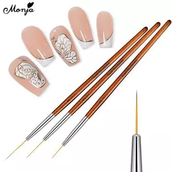 Monja 3 шт., кисть для дизайна ногтей, УФ-гель-лак, лайнер, рисунок, живопись, французские линии, полоса, цветочные узоры, ручка для дизайна маникюра, деревянный салон, инструмент «сделай сам»