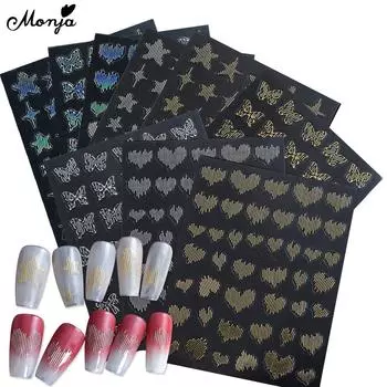 Monja 3D Flash Star Butterfly Heart Nail Stickers Reflective Silk Lines Threads Decal Self Adhesive Slider Manicure Accessories Design