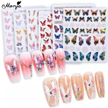 Monja 3D Красочные Наклейки Для Ногтей Бабочки Бабочки Тюльпаны Голографические Самоклеящиеся Слайдеры Лазерные Украшения Для Маникюра Аксессуары Инструменты